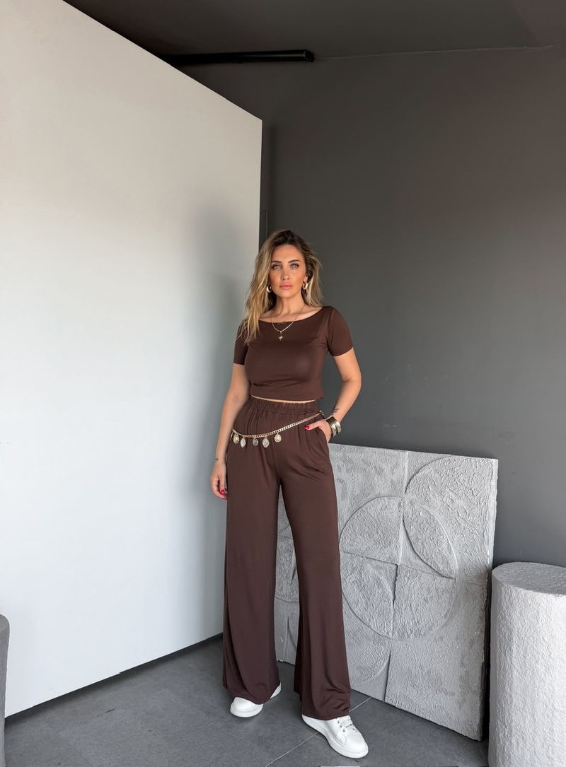 Kahve Kayık Yaka Likralı Basic Takım