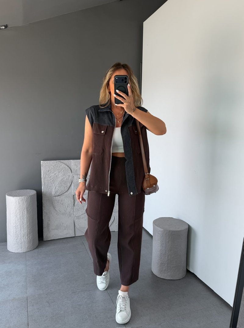 Kahve Kot Mix Yelekli Takım
