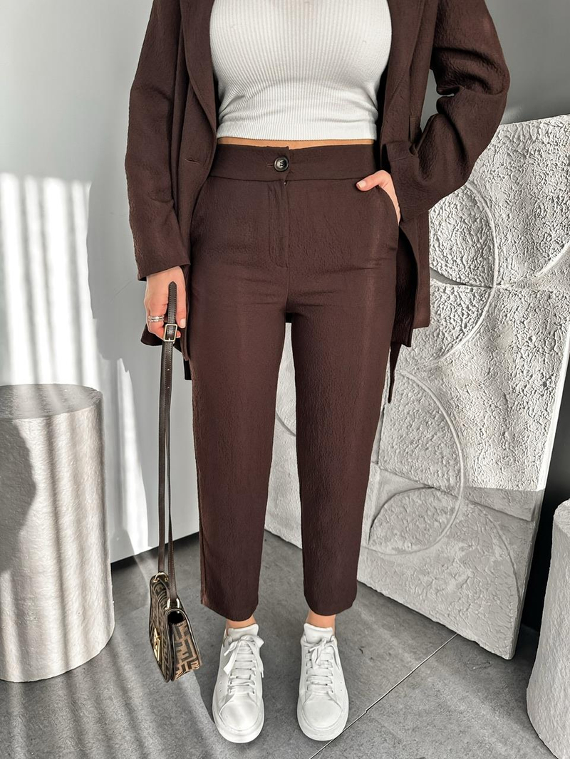 Kahve Kraşlı Beli Lastikli Pantolon