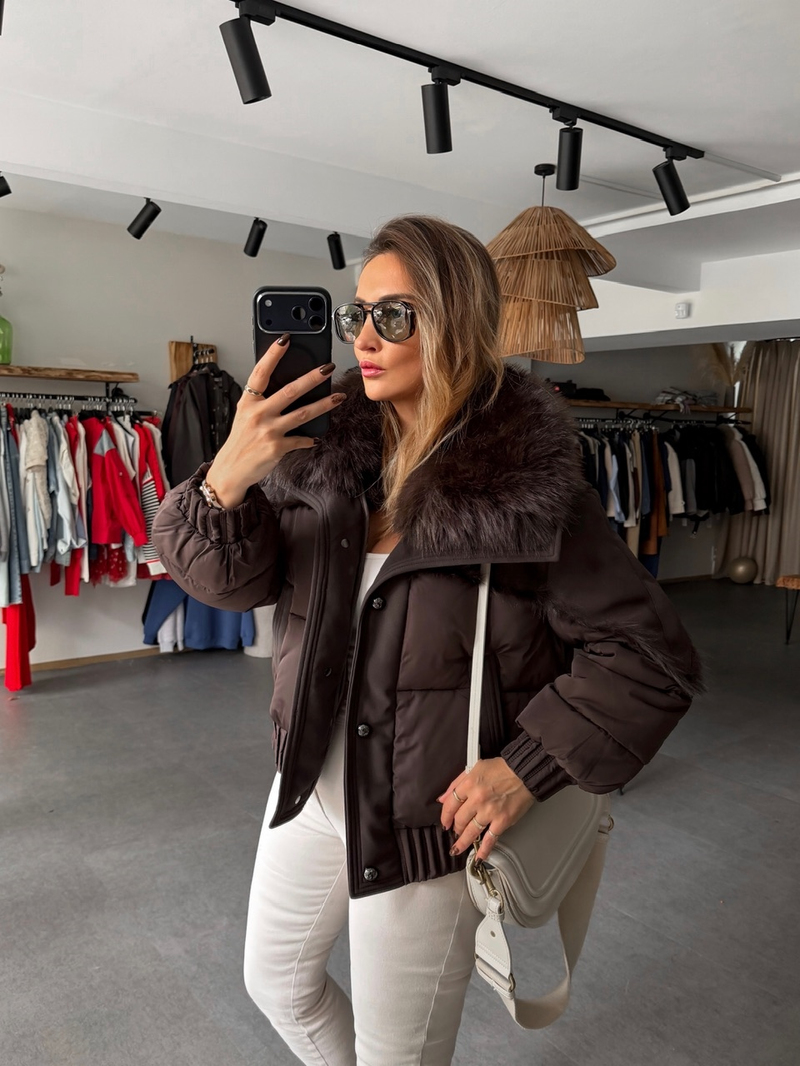 Kahve Kürklü Çıkarılabilir Premium Şişme Mont