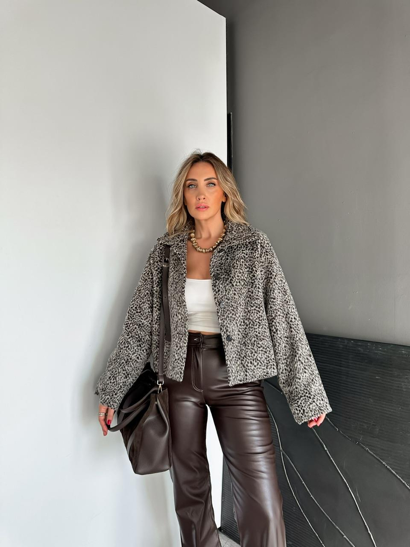 Kahve Leopar Dokulu Peluş Ceket