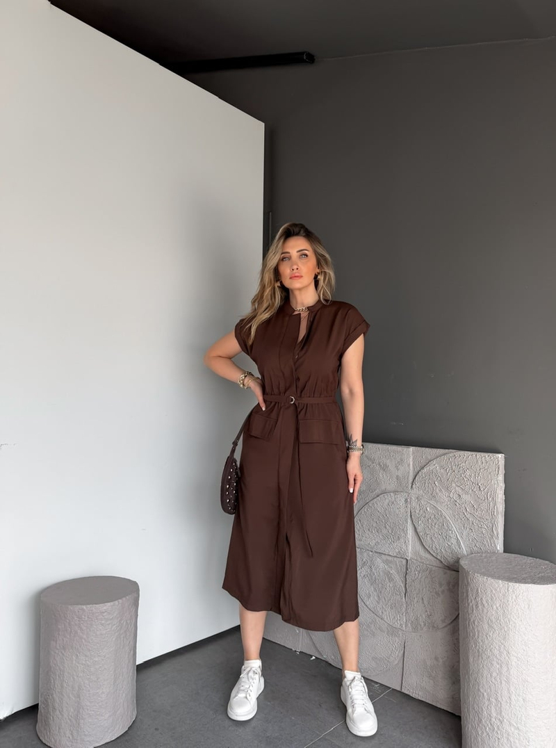 Kahve Ön Cepli Kemer Aksesuarlı Elbise