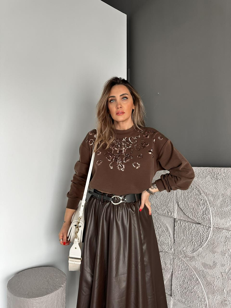 Kahve Payet İşlemeli Modal Sweatshirt