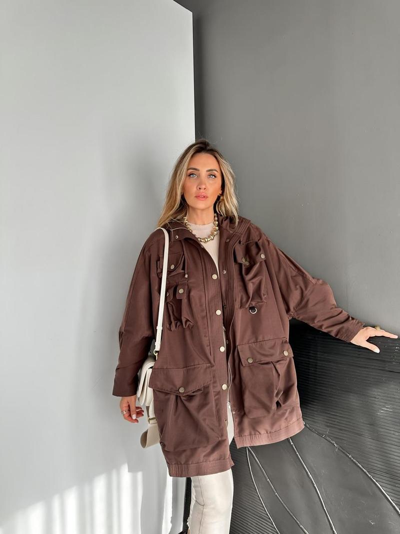 Kahve Safari Cepli Çıtçıtlı Tasarım Trençkot