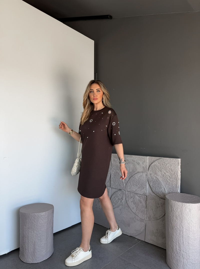 Kahve Serpme İncili Modal Elbise