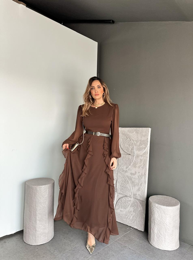 Kahve Volanlı Kemerli Şifon Elbise