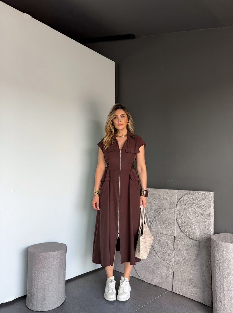 Kahve Yanları İpli Fermuarlı Elbise