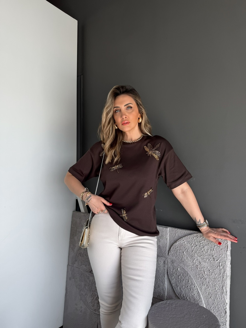 Kahve Yusufçuk İşlemeli Cotton Tshirt