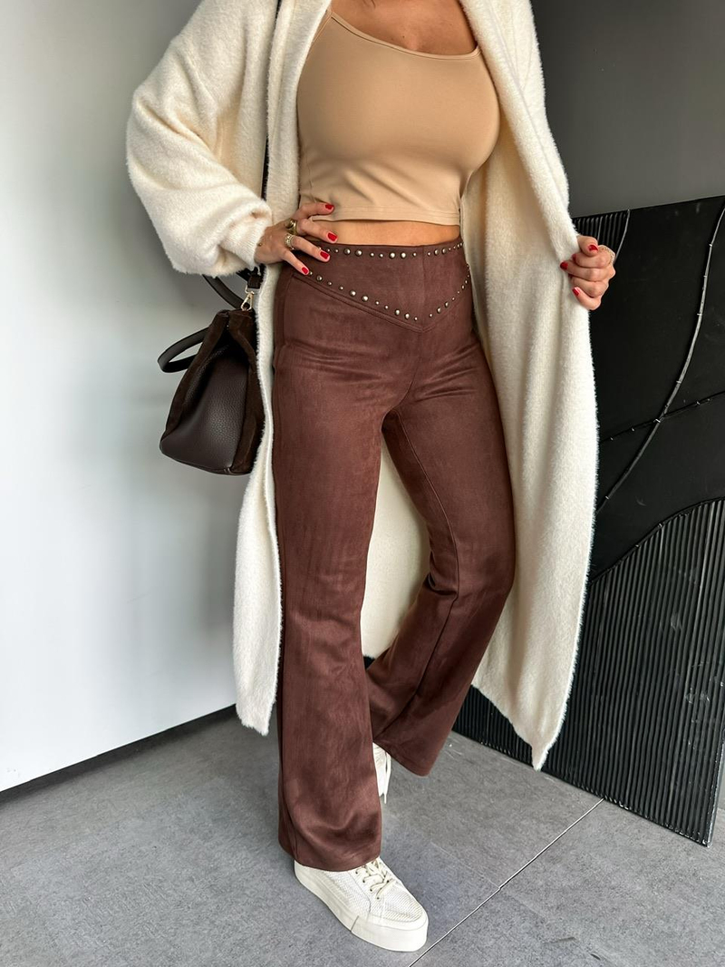 Kahve Zımbalı Süet Pantolon
