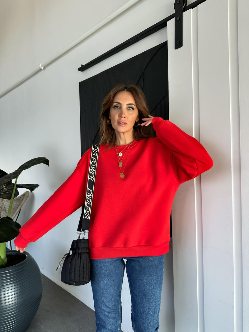 Kırmızı Bisiklet Yaka Cotton Sweatshirt