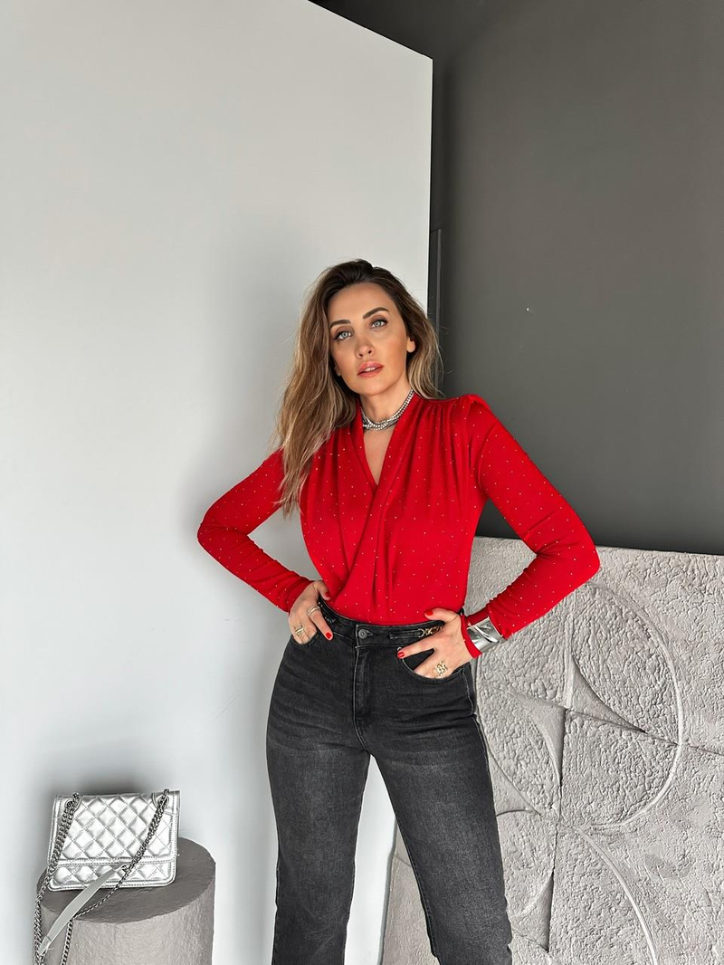 Kırmızı Degaje Taşlı Bodysuit