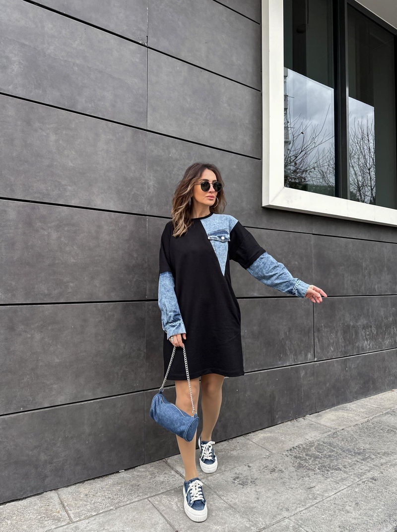 Kot Parçalı Cepli Sweat Elbise