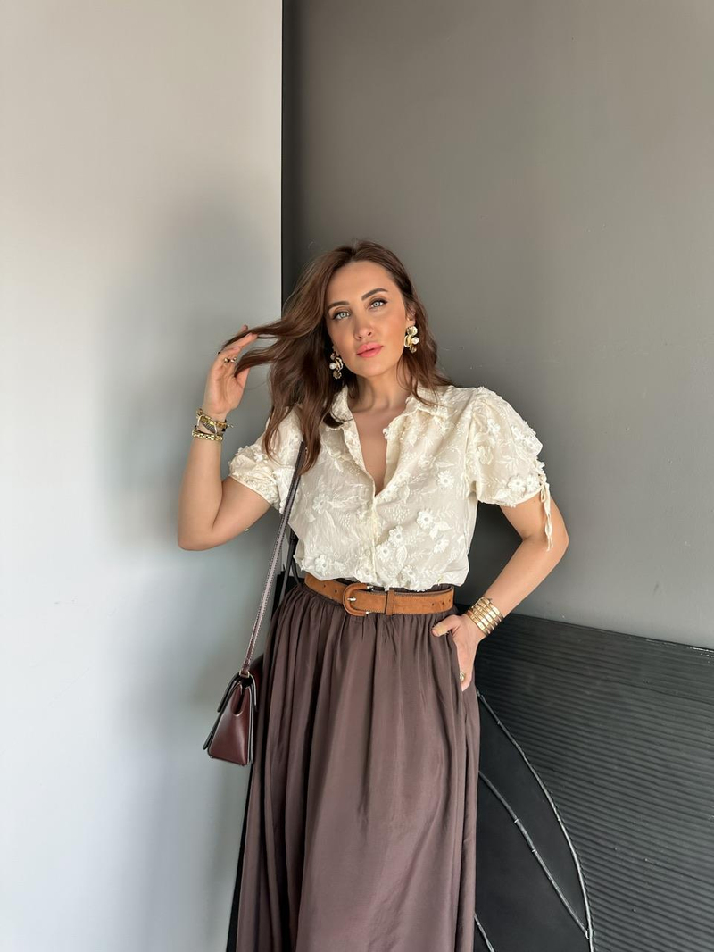 Krem Çiçek Motifli Karpuz Kol Gömlek