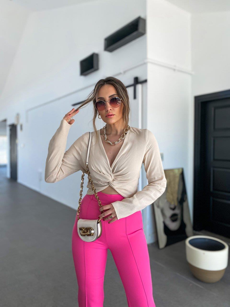 Krem Önden Düğümlü Crop Bluz