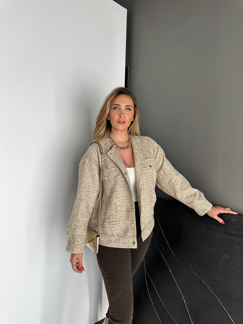 Krem Pullu Gold Tüvit Ceket