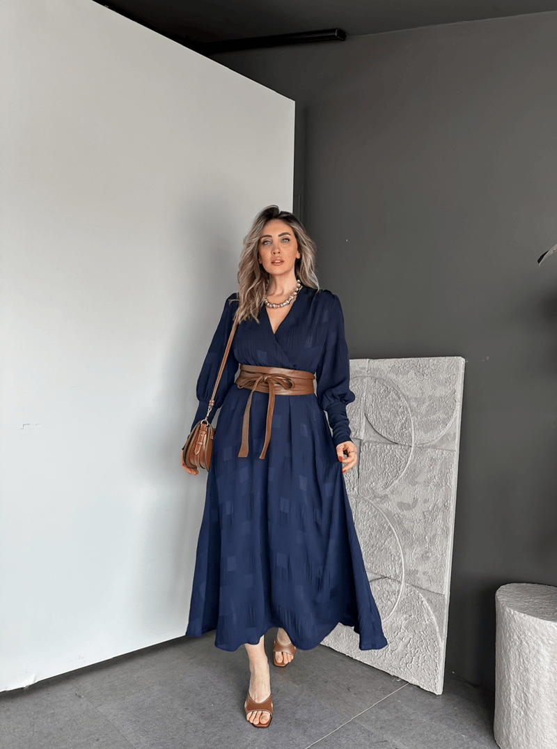 Lacivert Beli Deri Kemerli Şifon Elbise