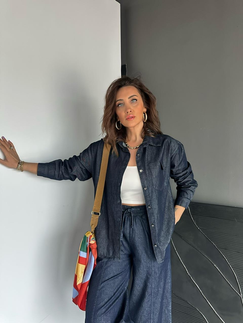 Lacivert Cep Detaylı Denim Gömlek