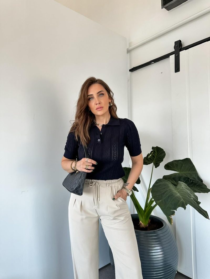 Lacivert Delikli Polo Yaka Triko