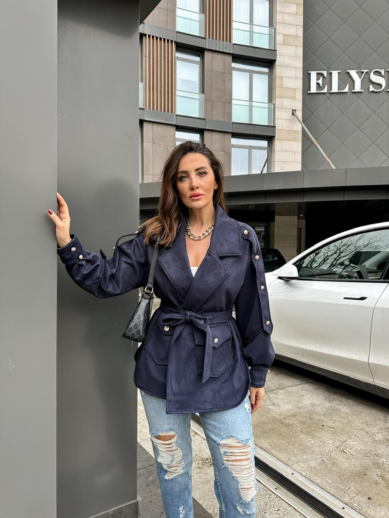 Lacivert Kuşaklı Tasarım Süet Ceket