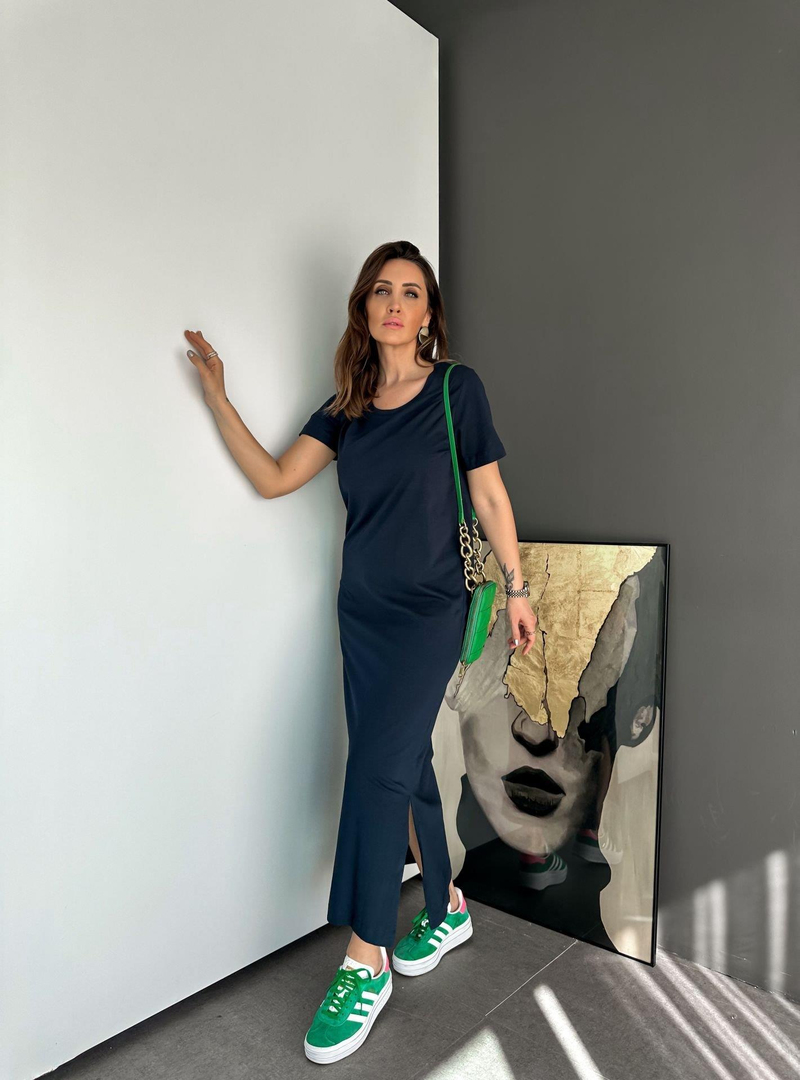 Lacivert Organic Cotton Yırtmaçlı Elbise
