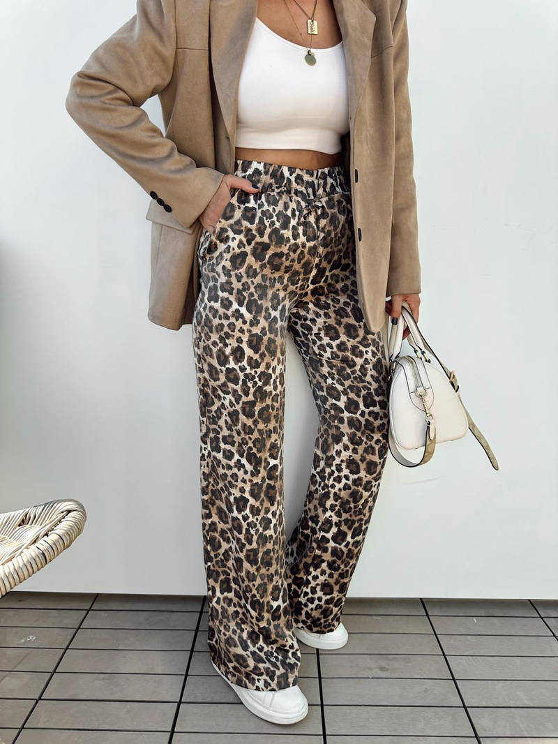 Leopar Parlak Beli Lastikli Pantolon