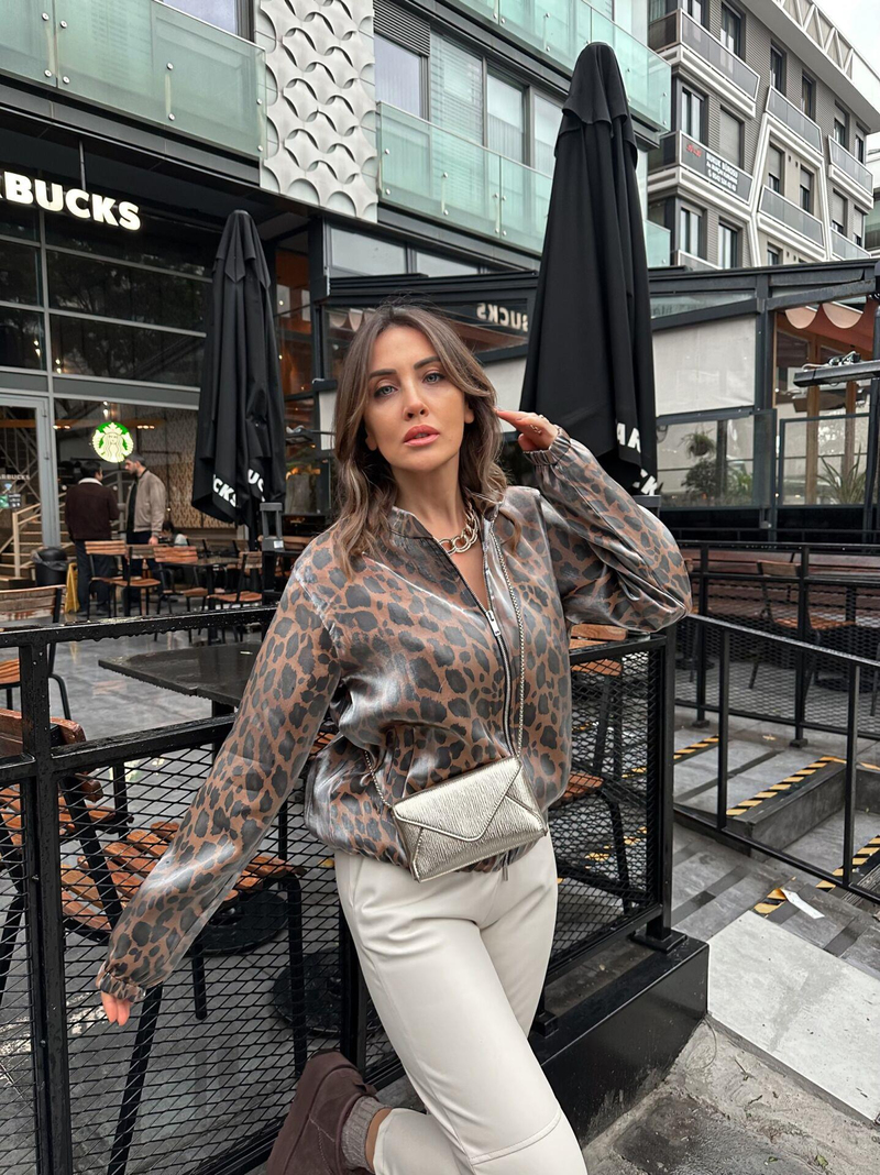 Leopar Parlak Bomber Ceket