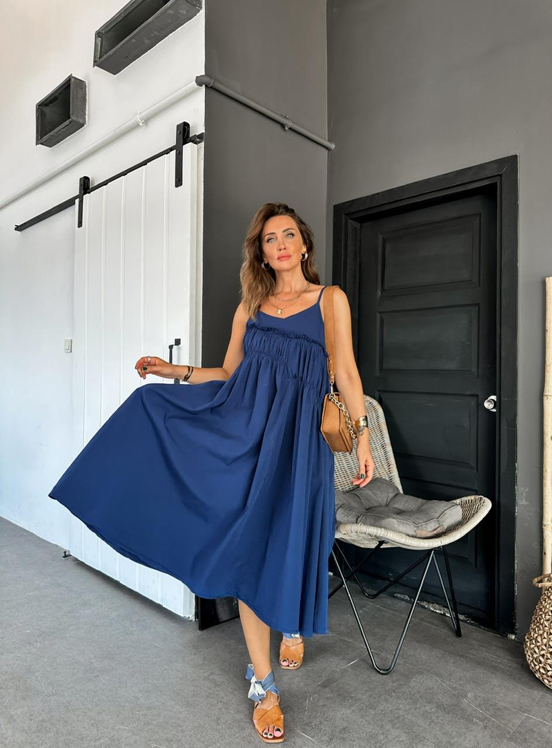 Mavi İp Askılı Drapeli Cotton Elbise