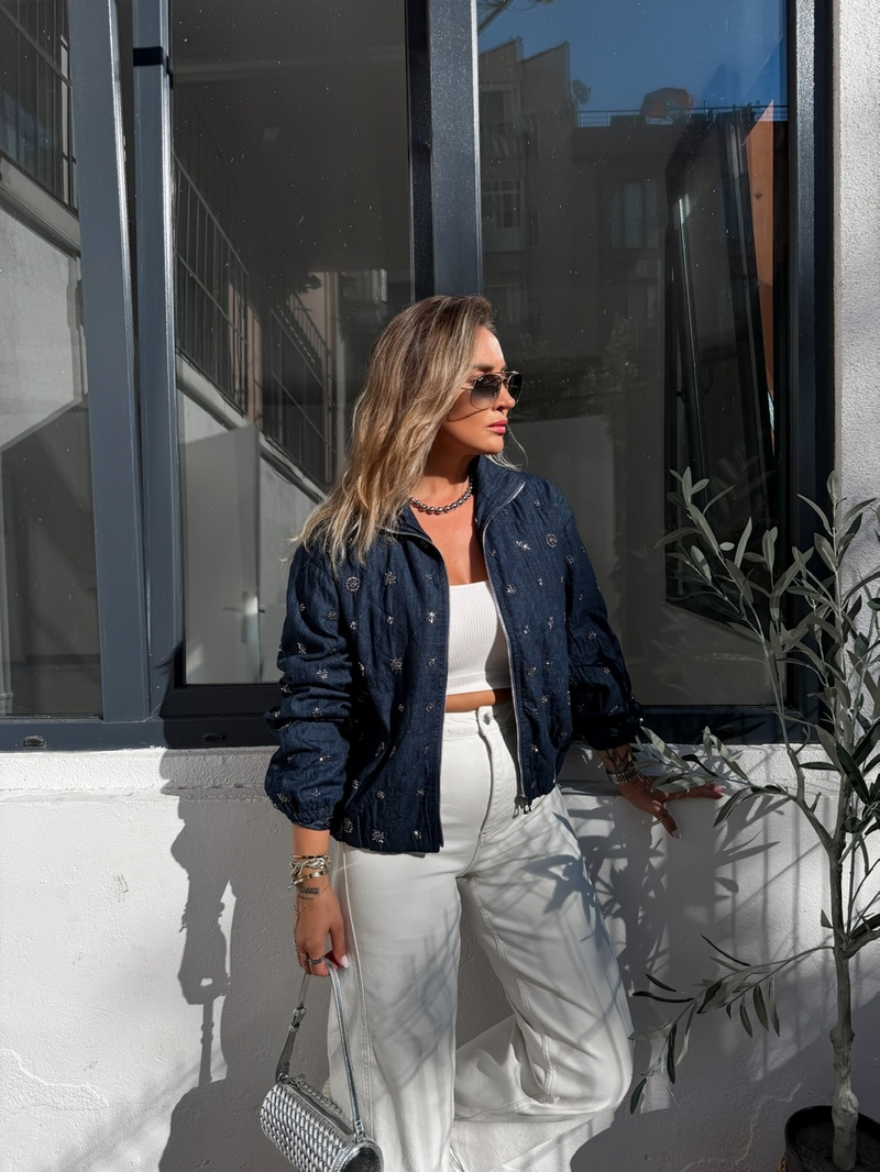 Mavi Taşlı Bomber Denim Ceket