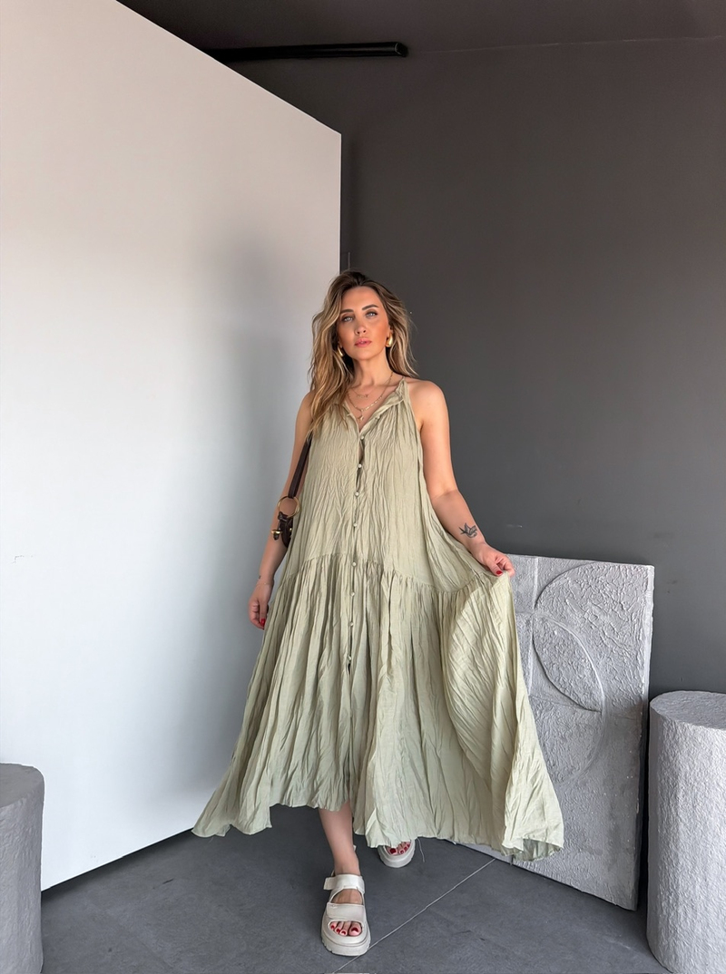 Mint Yeşili Buruşuk Kumaş Halter Yaka Elbise