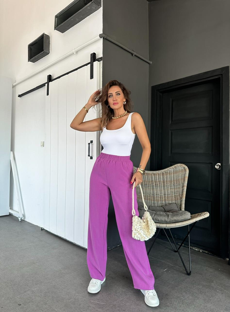 Mor Beli Lastikli Cotton Bol Pantolon