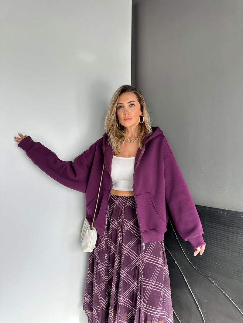 Mor Fermuarlı Şardonlu Sweatshirt