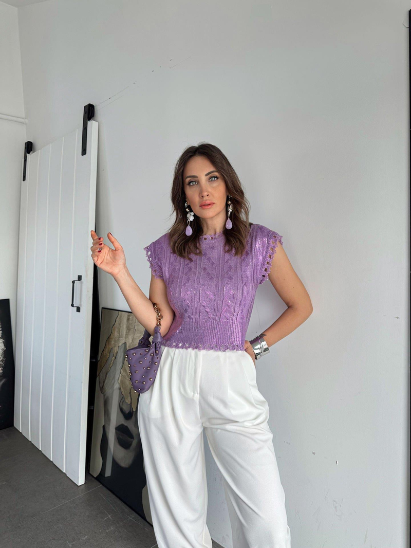Mor Metalik Ajurlu Bluz