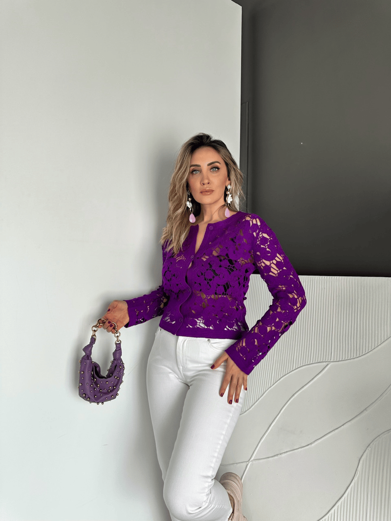 Mor Motifli Düğmeli Merserize Hırka