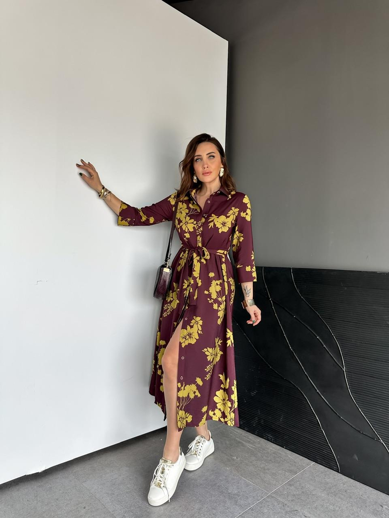 Mürdüm Sarı Çiçekli Orijinal Elbise