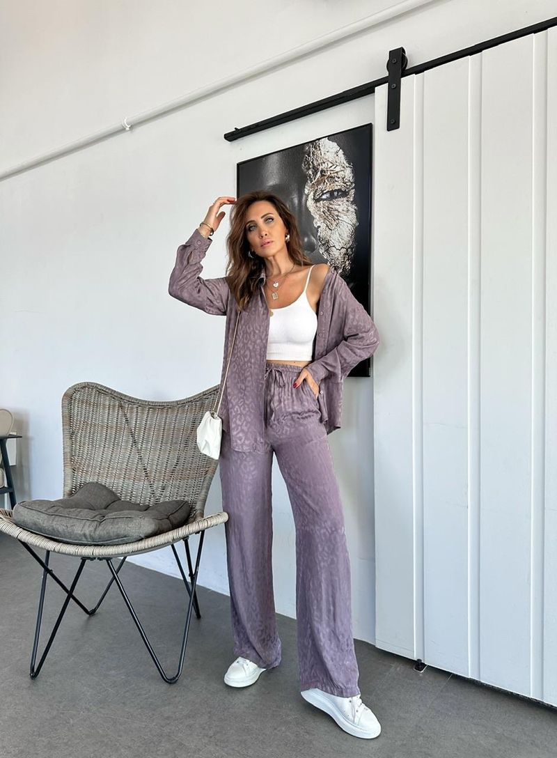 Natural Lila Leopar Saten Takım