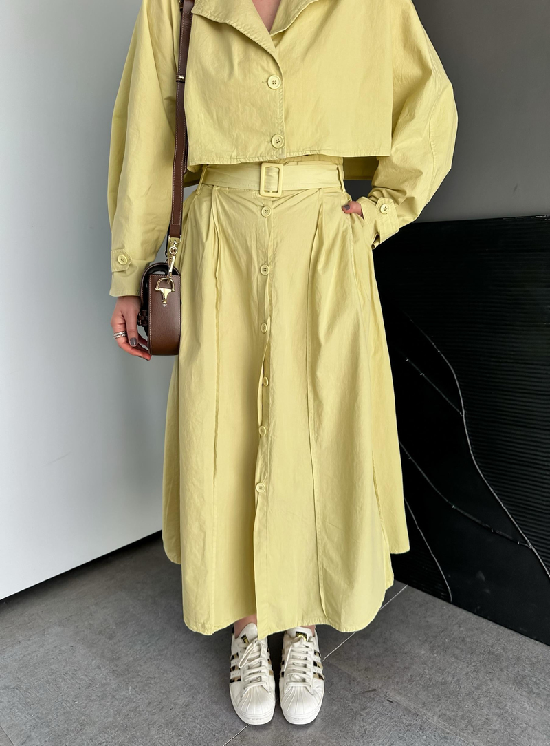 Naturel Sarı Önden Düğmeli Kloş Etek