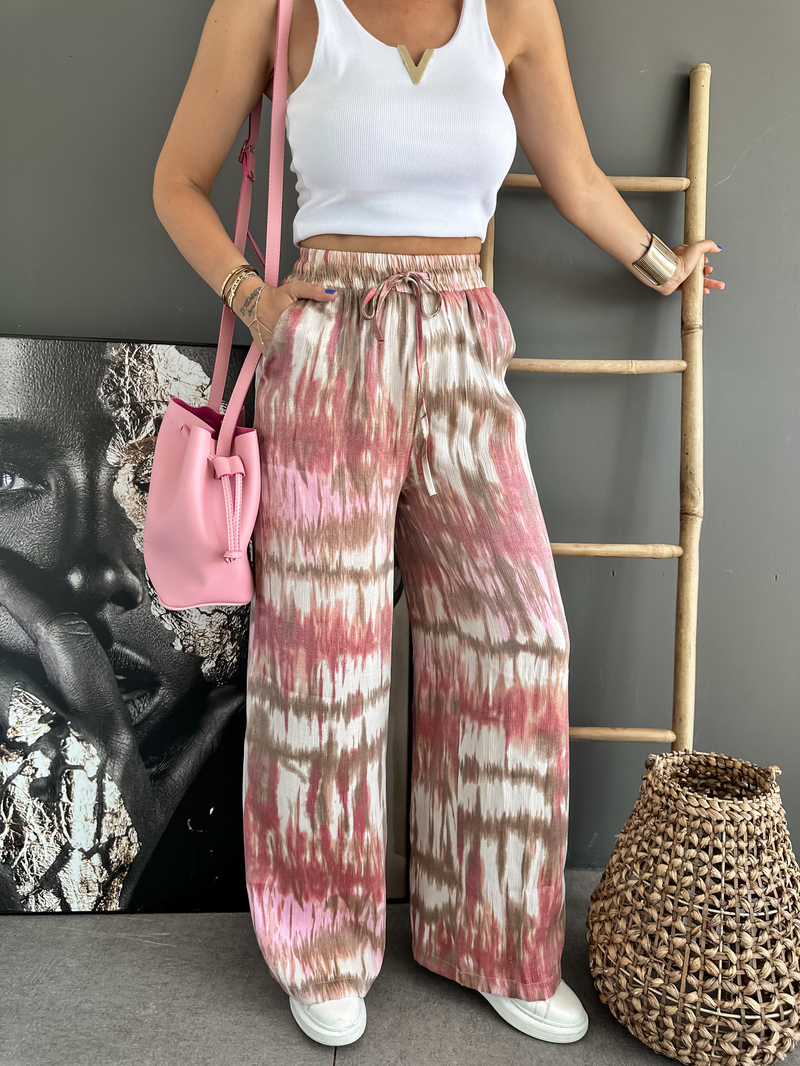 Pembe Batik Desenli Saten Pantolon