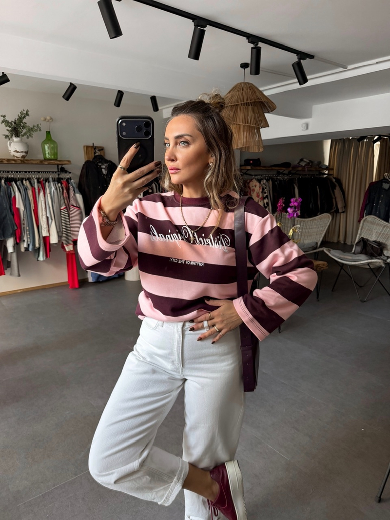 Pembe Bordo Çizgili Yazılı Sweatshirt