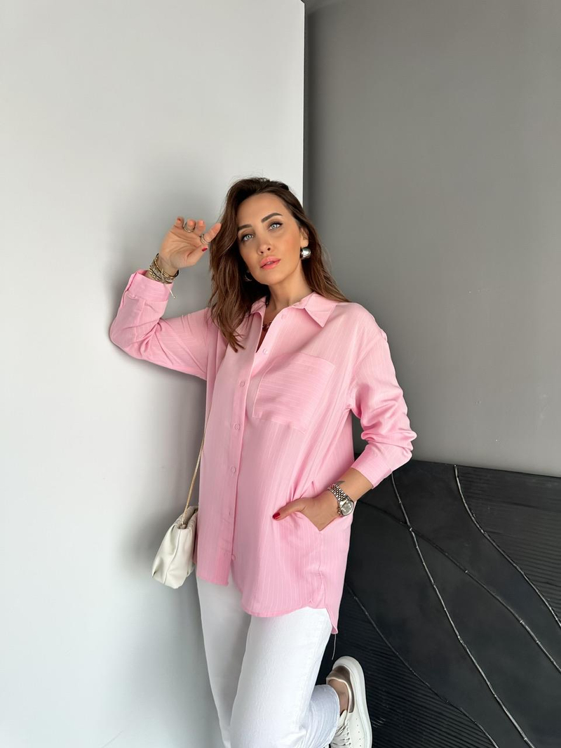 Pembe Çizgili Cepli Basic Gömlek