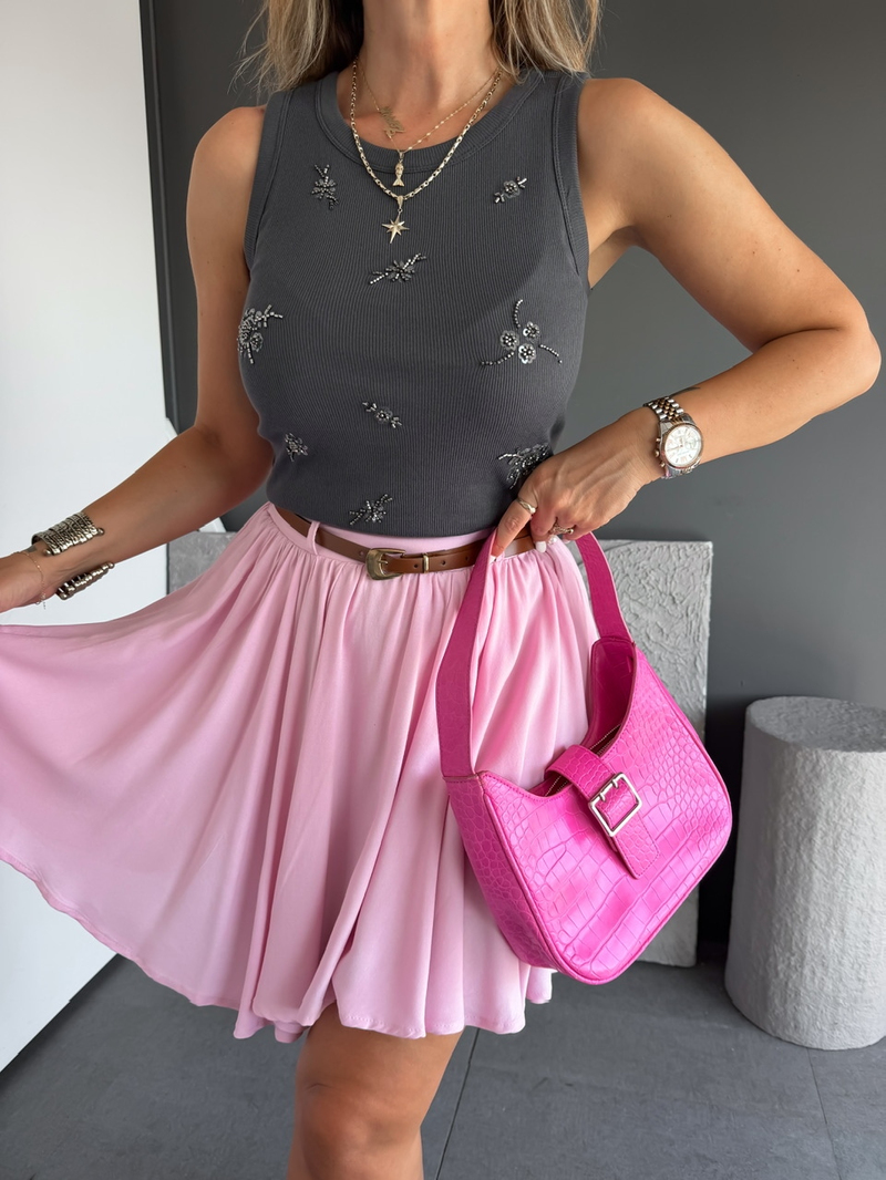 Pembe Kemerli Beli Lastikli Şort Etek 