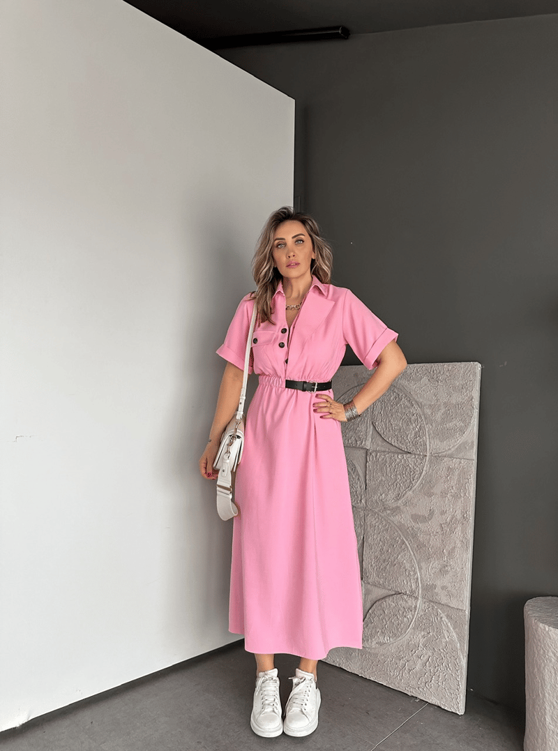 Pembe Kemerli Tek Cepli Tasarım Elbise