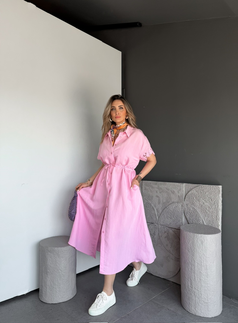 Pembe Kolları Fistolu Beli İpli Elbise