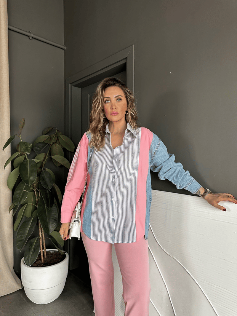 Pembe Kot Parçalı Çizgili Gömlek