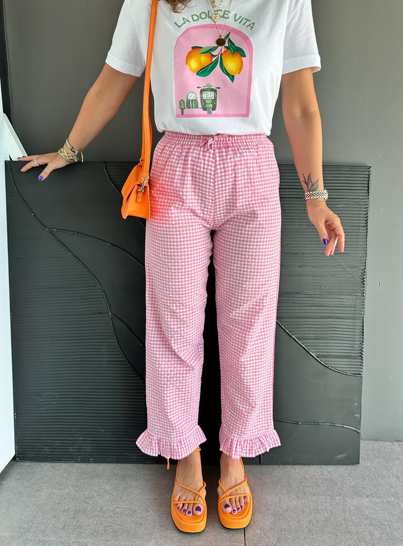 Pembe Paçası Fırfırlı Ekose Pantolon