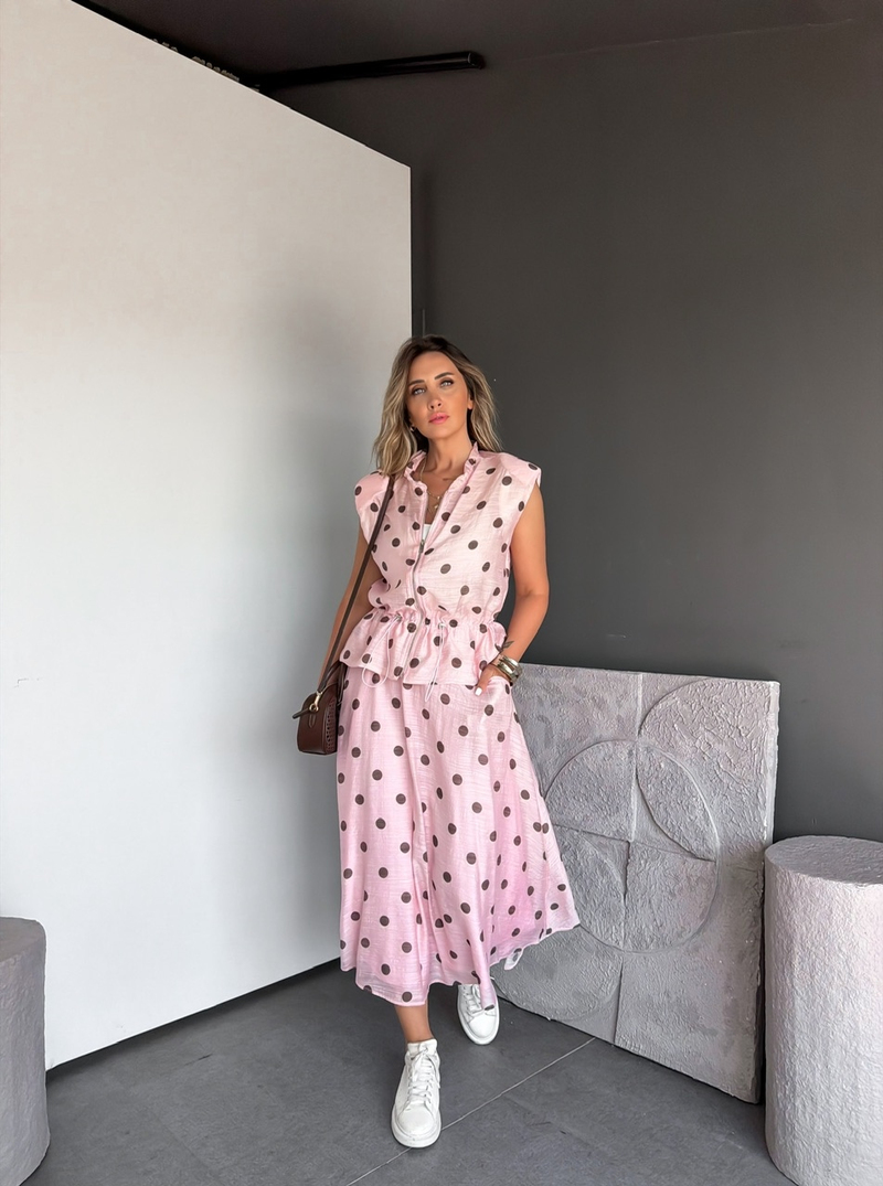 Pembe Puantiyeli Büzülebilir Ceketli Takım