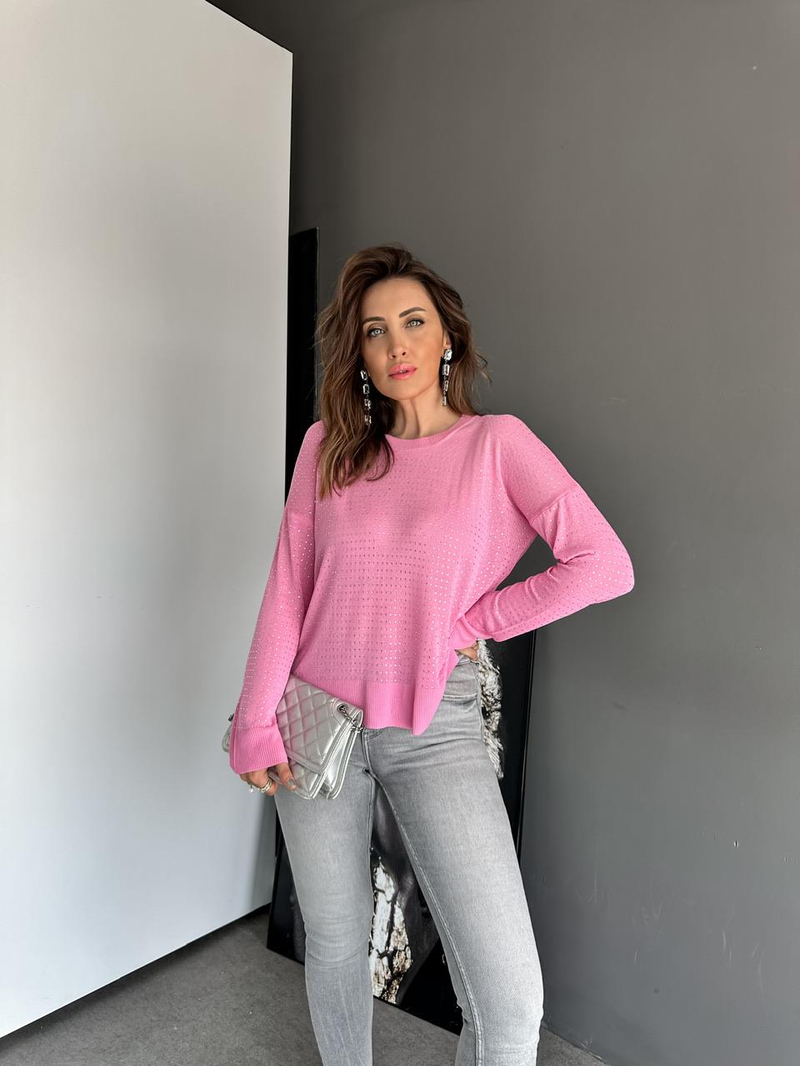 Pembe Serpme Taşlı İnci Triko 