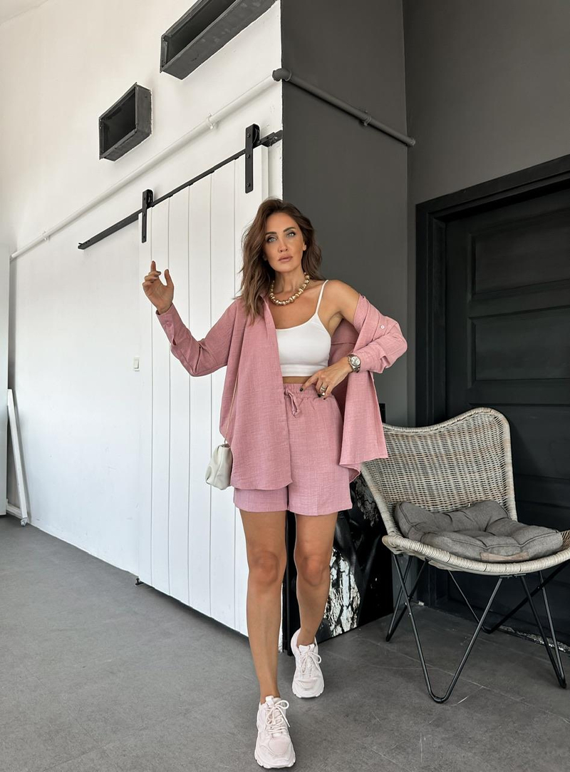 Pembe Şortlu Keten Basic Takım