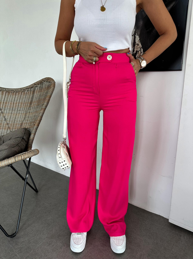 Pembe Tek Düğmeli Bol Pantolon
