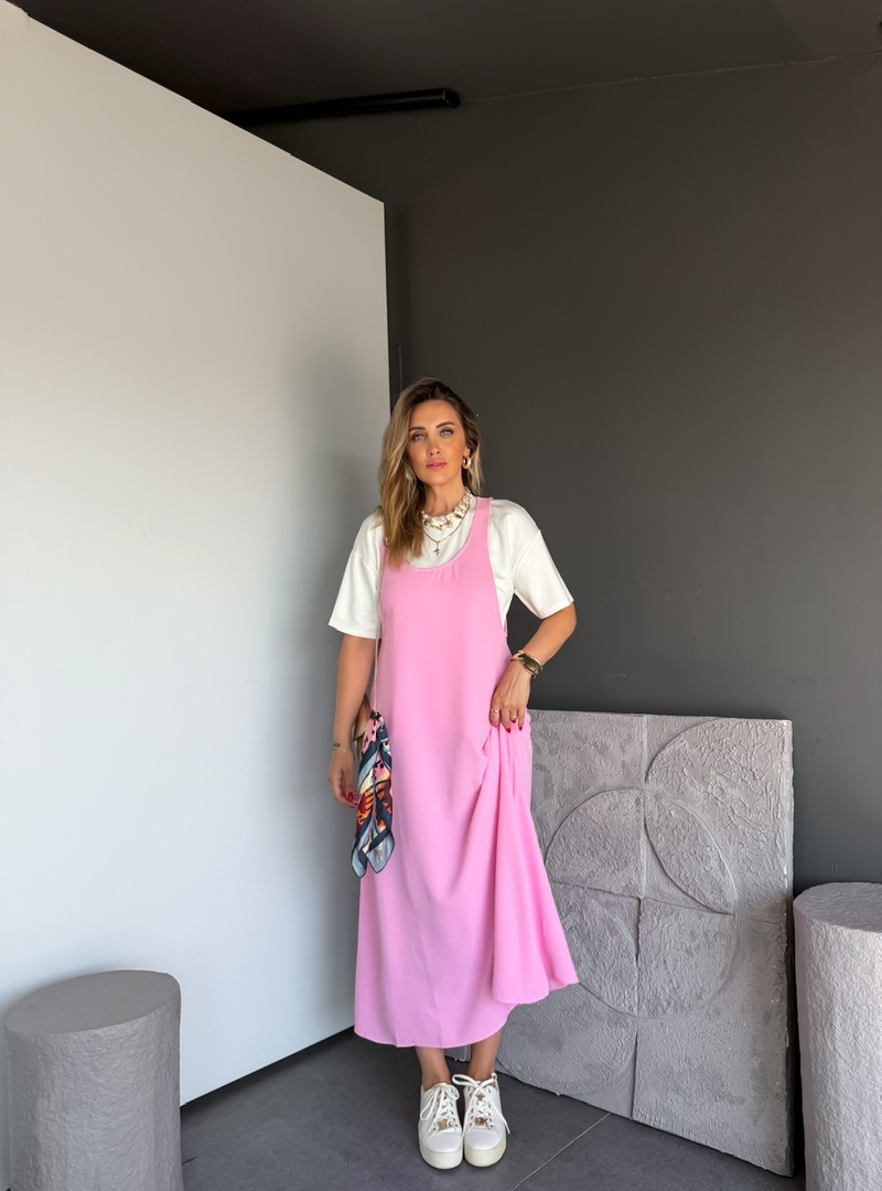 Pembe Tshirtlü Askılı Basic Elbise