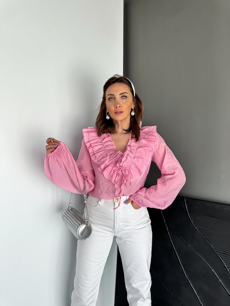Pembe Yakası Fırfırlı İpli Bluz
